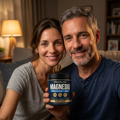 Pareja sonriendo con el pote de Magnesio PrimeLab