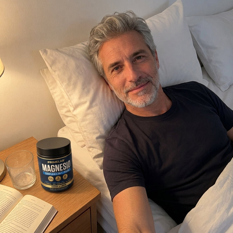 Hombre descansado en su cama, con el pote de Magnesio PrimeLab en la mesa de luz