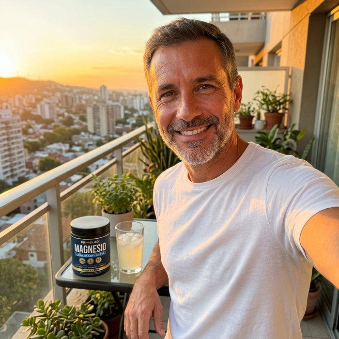 Hombre sonriendo en su balcón al atardecer, con el pote de Magnesio PrimeLab en la mesa